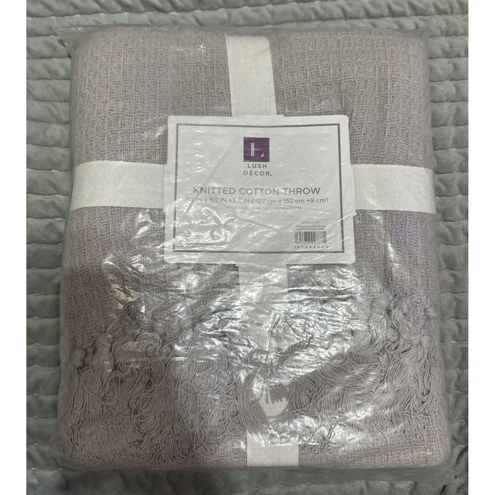 Waffle Cotton Knit Throw Light Gray‎ Full/Queen Blanket Tassel Fringe Boho NEW